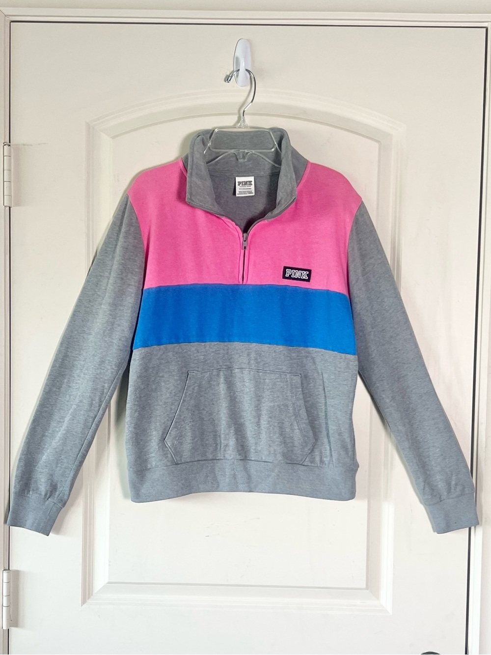 Victoria's Secret PINK Colorblock Half Zip Pullover Sweatshirt, Grey Pink Blue S